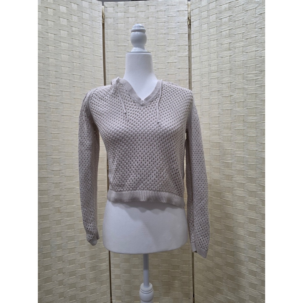 Calvin Klein Jeans Womens Cream Open Knit Hooded Sweater Small V-Neck Pullover